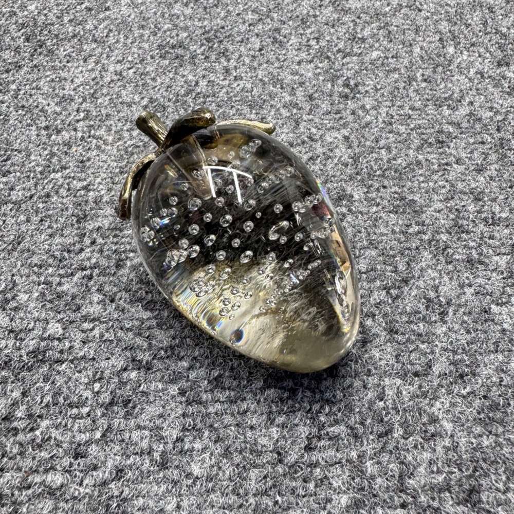 Glass Strawberry Paperweight Clear Bronze Stem Art Glass Fruit Controlled Bubble